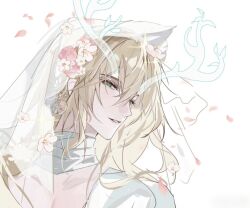  1boy alkaid_mcgrath alkaid_mcgrath_(spirit_world) antlers bandaged_neck bandages blonde_hair cherry_blossoms collarbone deer_antlers earrings facing_to_the_side falling_petals floating_earrings flower green_eyes hair_between_eyes hair_flower hair_ornament highres horns jewelry jiuchuansi long_hair looking_at_viewer lovebrush_chronicles male_focus parted_lips petals pink_flower pink_petals pink_rose portrait robe rose see-through_clothes see-through_horns see-through_veil sideways_glance simple_background smile solo tree_horns turning_head veil white_background white_flower white_robe white_veil 