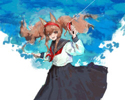  1girl :d absurdres alternate_costume angelina_(arknights) animal_ear_fluff animal_ears arknights black_skirt blue_sailor_collar blue_sky brown_hair cidiancidian commentary floating_hair fox_ears fox_girl hairband highres holding holding_kite kite long_hair long_sleeves looking_at_viewer multicolored_hairband neckerchief pleated_skirt red_eyes red_hairband red_neckerchief sailor_collar school_uniform serafuku shirt skirt sky smile solo striped_clothes striped_hairband teeth twintails two-tone_hairband white_background white_shirt 