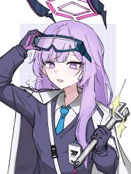  1girl adjustable_wrench blue_archive blue_necktie bright_pupils collared_shirt commentary_request floating_headgear gloves goggles goggles_on_head halo headgear highres holding holding_wrench hukuro_kasiwa jacket jacket_on_shoulders long_hair long_sleeves looking_at_viewer millennium_science_school_logo motion_lines necktie parted_lips puff_of_air purple_gloves purple_hair purple_sweater shirt simple_background solo sparkle sweater swept_bangs upper_body utaha_(blue_archive) violet_eyes white_background white_jacket white_pupils white_shirt wrench 