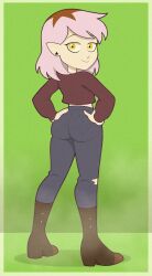  1girl absurdres amity_blight commentary english_commentary from_behind hands_on_own_hips highres looking_at_viewer looking_back multicolored_hair pink_hair smile solo the_owl_house tonyneely two-tone_hair 