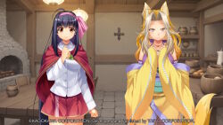  2girls ahoge animal_ears atelier-moo bare_shoulders bikini black_hair blonde_hair breasts brown_eyes closed_mouth collared_shirt cowboy_shot curtained_hair flower fox_ears game_cg hair_between_eyes hair_ribbon indoors japanese_clothes kimono large_breasts leaf long_hair long_sleeves miniskirt multiple_girls non-web_source official_art open_clothes pink_ribbon purple_bikini red_shawl red_skirt ribbon rose shawl sheela_sheffield_(revival) shirt skirt smile standing swimsuit tachibana_yura_(revival) tail tareme very_long_hair wavy_hair white_shirt yellow_flower yellow_kimono yellow_rose yuukyuu_gensoukyoku yuukyuu_gensoukyoku_revival 