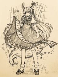  1girl absurdres bamboo bamboo_forest bobby_socks chinese_commentary closed_mouth commentary_request dress ex-keine forest full_body greyscale highres holding holding_scroll horns kamishirasawa_keine long_hair looking_at_viewer monochrome nature scroll shoes short_sleeves sidelocks socks solo standing tail touhou traditional_media wu_yu_wanwan 