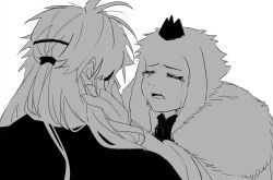  1boy 1girl absurdres adoptive_parent_and_adoptive_child alternate_costume alternate_hair_length_(longer) alternate_universe antenna_hair body_fur chara_(undertale) chinese_commentary closed_eyes commentary_request crying face-to-face facing_another fangs fewer_digits fingernails from_behind fur-trimmed_jacket fur_trim furry furry_female goat_girl greyscale hair_tie hanbaobaobaozhu hand_on_another's_cheek hand_on_another's_face high_contrast highres jacket long_fingernails long_hair mini_tiara monochrome mother_and_child mother_and_son open_clothes open_jacket open_mouth parent_and_child ponytail portrait raised_inner_eyebrows shirt sidelocks simple_background skin_fangs tiara tongue toriel u_u undertale utdr_(toby_fox) white_background xtale 