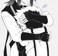  2boys :d alternate_universe cape coat cowboy_shot elbow_gloves eyes_out_of_frame fang film_grain fingerless_gloves fingernails frisk_(undertale) fur-trimmed_jacket fur_trim gloves gold_necklace grey_background greyscale hanbaobaobaozhu hand_on_another's_head head_out_of_frame heart heart_necklace height_difference highres holding holding_jewelry holding_necklace hood hood_down hood_up hooded_coat hug jacket jewelry layered_sleeves long_sleeves low_ponytail male_focus medium_hair monochrome multiple_boys necklace notice_lines open_clothes open_coat open_mouth pants ponytail puffy_sleeves purple_hair sans_(undertale) short-sleeved_jacket short_over_long_sleeves short_sleeves sidelocks simple_background smile spot_color squiggle standing sweater teeth three-quarter_sleeves tongue turtleneck turtleneck_sweater undertale upper_body utdr_(toby_fox) xtale 