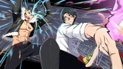  2boys abs aura black_eyes black_hair black_jacket closed_mouth cursed_energy_(jujutsu_kaisen) highres ishigori_ryu jacket jujutsu_kaisen katana multiple_boys muscular muscular_male okkotsu_yuta open_mouth pants pompadour short_hair sword thatamaan weapon white_jacket 