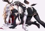  2girls :d :o absurdres all_fours animal_ears antlers antlers_through_headwear antlers_through_hood arched_back arknights arm_support armor belt belt_buckle belt_pouch black_belt black_dress black_eyes black_footwear black_gloves black_hair black_halo black_skirt black_sleeves black_thighhighs black_wings blonde_hair blue_eyes blunt_bangs breasts broken_halo brown_belt buckle chinese_commentary cloak commentary_request dark_halo deer_antlers deer_ears deer_girl detached_wings dress ears_through_headwear ears_through_hood energy_wings eye_contact eyelashes foreshortening from_side gauntlets gloves greaves hair_between_eyes halo hand_in_another&#039;s_hair hand_up headwear_request high_heels highres hime_cut hood hooded_cloak invisible_floor jacket large_breasts layered_sleeves leaning leaning_back leaning_forward leaning_on_person legs lips long_hair long_sleeves looking_at_another metal metal_gloves miniskirt mole mole_under_eye multicolored_cloak multicolored_clothes multicolored_dress multicolored_gloves multiple_girls open_mouth pale_skin pants parted_lips pleated_skirt pouch profile red_cloak red_hood shade shijie_jianfa short_over_long_sleeves short_sleeved_jacket short_sleeves sidelocks silhouette simple_background sitting skirt smile spread_legs strappy_heels surprised teeth thigh-highs thighs tongue two-tone_cloak two-tone_dress two-tone_gloves two-tone_hood upper_teeth_only very_long_hair virtuosa_(arknights) viviana_(arknights) wavy_hair white_background white_belt white_cloak white_dress white_footwear white_gloves white_hood white_jacket white_pants wide_sleeves wings yuri zettai_ryouiki 