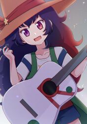  1girl :d bemikabemika blue_overalls coat collarbone cowboy_shot dutch_angle film_grain green_coat grey_background guitar hat holding holding_guitar holding_instrument holding_plectrum instrument kirishima_rovian light_particles long_hair looking_at_viewer open_clothes open_coat open_mouth orange_hat overalls plectrum print_shirt purple_hair shirt sleeveless sleeveless_coat smile solo standing violet_eyes white_shirt witch_hat yu-gi-oh! yu-gi-oh!_go_rush!! 