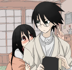  1boy 1girl artist_request blanket blush flower flustered glasses green_eyes hair_over_eyes holding holding_another's_arm holding_notebook itoshiki_nozomu japanese_clothes komori_kiri long_hair looking_at_another lowres notebook oekaki pointing pointing_at_another sayonara_zetsubou_sensei short_hair shouji sliding_doors source_request 