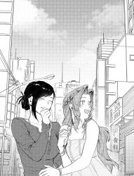  2girls aerith_gainsborough alternate_costume black_hair blush bracelet braid breasts casual city closed_eyes commentary_request dress final_fantasy final_fantasy_vii greyscale hair_bun hand_to_own_mouth highres holding_hands interlocked_fingers jewelry korean_commentary lamppost large_breasts long_hair long_sleeves medium_breasts monochrome multiple_girls open_mouth parted_bangs renew_ff screentones side_braid sidelocks sleeveless sleeveless_dress smile tifa_lockhart updo upper_body wavy_hair yuri 