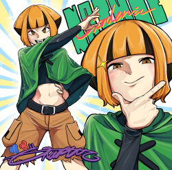 1girl arm_up belt belt_buckle black_belt black_shirt breasts brown_shorts buckle capelet cargo_shorts character_name commentary crop_top cropped_shirt cutoffs gardenia_(pokemon) green_capelet hand_on_own_chin hand_on_own_hip highres long_sleeves looking_at_viewer midriff multiple_views navel orange_eyes orange_hair pokemon pokemon_diamond/pearl/platinum shirt shorts signature smile sparkle user_ycjp4222 white_background 