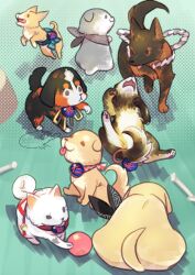  ball bandana bandana_around_neck beads black_bandana bone checkered_bandana daikaku_(fate) dog dousetsu_(fate) fate/grand_order fate_(series) genpachi_(fate) green_bandana grey_bandana highres keno_(fate) kobungo_(fate) multiple_dogs negi_(ulog'be) red_bandana rope shinbei_(dog)_(fate) shino_(fate) sousuke_(fate) 
