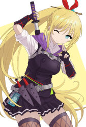  1girl blonde_hair blue_eyes commentary_request fingerless_gloves fishnet_thighhighs fishnets gloves hair_ornament hair_stick hair_tie heaven_burns_red holding holding_sword holding_weapon kanzaki_adelheid katana kuji-in kunai long_hair looking_at_viewer monodrive ninja one_eye_closed sheath simple_background sword thigh-highs unsheathing weapon 