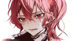  1girl absurdres bungou_stray_dogs crying hair_between_eyes highres long_hair looking_down lower_teeth_only military military_uniform okura_teruko_(bungou_stray_dogs) open_mouth portrait red_eyes redhead sidelocks simple_background solo teardrop tears teeth uniform white_background ya_ta 