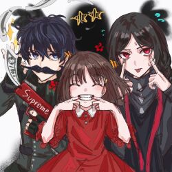  1boy 1other 2girls baixiang1234567 black_eyes black_gloves black_hair blush braid brown_hair closed_eyes dress fake_facial_hair fake_mustache fate/strange_fake fate_(series) fingerless_gloves flying_sweatdrops gloves hair_between_eyes highres kuruoka_tsubaki long_hair looking_at_viewer multiple_girls no_name_assassin_(fate) pale_rider_(fate) red_dress red_eyes short_hair sigma_(fate) simple_background teeth tongue tongue_out twin_braids white_background 