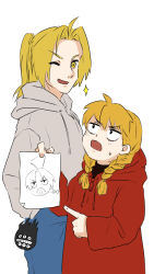  1boy 1girl absurdres blonde_hair braid commentary_request drawing_(object) edward_elric fullmetal_alchemist gabu_(yomi_no_tsugai) grey_hoodie highres holding holding_drawing hood hoodie looking_at_viewer one_eye_closed open_mouth pointing ponytail red_hoodie simple_background size_difference twin_braids user_nvjp3355 white_background yomi_no_tsugai 