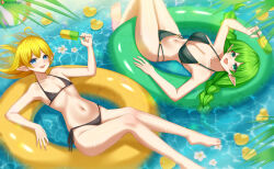 2girls :d absurdres ball barefoot bath_toy bikini black_bikini black_swimsuit blonde_hair blue_eyes braid breasts busty cleavage collarbone commission commissioner_upload elf euphemy_sylvaine feet flat_chest flower food from_above green_eyes green_hair highres innertube large_breasts long_hair looking_at_viewer lori_hagami lotte_farona lying multiple_girls navel official_art open-mouth_smile open_mouth pointy_ears popsicle rubber_duck side-tie_clothing side-tie_swimsuit smile stomach string_bikini swim_ring swimming_ring swimsuit tongue twin_braids water ways_of_darkness_(series)