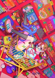  1girl animal_sticker arm_warmers bag_of_chips ball baseball_(object) black_socks braid braided_twintails breasts cherry_print chetarou chips_(food) closed_mouth clothes_writing colorful commentary_request crop_top cropped_shirt crossed_bandaids cursive denim denim_shorts double-parted_bangs dutch_angle expressionless food food_print fruit_print full_body hand_up heart heart-shaped_eyewear heart_sticker highres holding holding_food in_shopping_cart kneehighs looking_at_viewer looking_over_eyewear medium_breasts midriff original pink_shoes potato_chips price print_shirt raglan_sleeves red_eyes red_sleeves shelf shirt shoes shopping_cart short_shorts short_sleeves shorts sneakers socks solo sticker sticker_on_leg striped_arm_warmers stuffed_animal stuffed_octopus stuffed_toy supermarket tile_floor tiles twin_braids white_shirt 