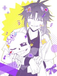  2boys :d ;d ^_^ absurdres alternate_universe arm_around_shoulder bandaid bandaid_on_arm bandana bandana_around_neck bare_arms black_sclera black_shirt chinese_commentary closed_eyes colored_sclera commentary_request drawstring facing_viewer film_grain frisk_(undertale) gold_necklace grey_bandana grey_hair grid_teeth grin hair_between_eyes hair_flaps hair_tie halftone halftone_background hanbaobaobaozhu hand_on_another's_shoulder heart heart_necklace highres hood hood_down hooded_jacket jacket jewelry long_hair long_sleeves looking_at_another low_ponytail male_focus multiple_boys necklace notice_lines one_eye_closed open_clothes open_jacket outline ponytail purple_shirt sans_(undertale) shirt short-sleeved_jacket short_sleeves sidelocks simple_background skeleton smile sparkle sticker sticker_on_face sticker_on_hair straight-on undertale upper_body utdr_(toby_fox) white_background white_jacket wristband xtale yellow_background yellow_outline 