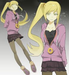 1girl blonde_hair casual commentary doughnut food highres jacket kiss-shot_acerola-orion_heart-under-blade monogatari_(series) open_clothes open_jacket oshino_shinobu pantyhose ponytail rice_balls1234 smile solo untranslatable_commentary yellow_eyes 