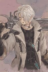  1boy black_gloves black_pantyhose black_shirt blood blood_from_mouth coat collar dirty dirty_face final_fantasy final_fantasy_xiv fingerless_gloves gloves grey_coat grey_hair gunblade hair_over_one_eye highres male_focus neck_tattoo over_shoulder pantyhose parted_bangs shirt solo soraoyogusakana tattoo thancred_waters upper_body weapon weapon_over_shoulder white_collar 