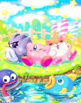  :d artist_name bird blue_eyes blue_sky blush blush_stickers closed_mouth clouds cloudy_sky commentary_request coo_(kirby) dated day fence fish flower gooey_(kirby) grass highres kine_(kirby) kirby kirby_(series) long_tongue looking_at_viewer ninjya_palette no_humans on_grass one_eye_closed open_mouth outdoors pink_flower pixiv_id rick_(kirby) rock sitting sky smile star_(symbol) star_in_eye symbol_in_eye tongue tongue_out twitter_username water watermark white_flower wooden_fence 