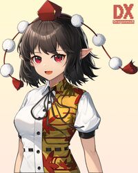  1girl :d absurdres black_hair black_ribbon breasts buttons collared_shirt commentary_request happy hat highres knuo_dx leaf_print medium_breasts neck_ribbon pointy_ears pom_pom_(clothes) puffy_short_sleeves puffy_sleeves red_eyes red_headwear ribbon shameimaru_aya shirt short_hair short_sleeves smile tassel tokin_hat touhou upper_body white_shirt 