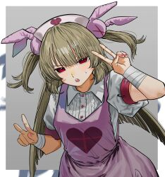  1girl apron bandaged_wrist bandages border brown_hair commentary cowboy_shot double_v gorham222 grey_background hair_ornament hands_up hat heart heart_print highres long_hair looking_at_viewer natori_sana natori_sana_(nurse) nurse_cap open_mouth pink_apron puffy_short_sleeves puffy_sleeves rabbit_hair_ornament red_eyes sana_channel shirt short_sleeves solo two_side_up untranslatable_commentary v virtual_youtuber white_border white_shirt 