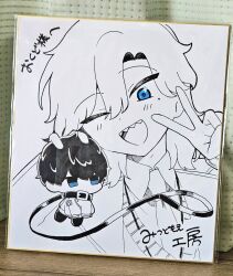  ;d animal_collar blue_eyes collar commentary_request head_grab holding holding_mini_person hyoutenka_30-do_no_zetsubou kuchinashi_dabi leash looking_at_another male_focus mini_person mitsudomoe_koubou mole mole_under_eye monochrome no_mouth one_eye_closed open_mouth photo_(medium) second-party_source sharp_teeth shikishi smile teeth tonimura_yui traditional_media v 