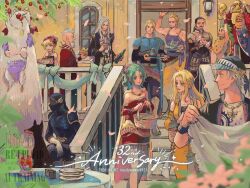  3girls 6+boys anniversary armor ascot bare_shoulders basket beard black_bodysuit black_coat black_jacket black_mask blonde_hair blue_armor blue_eyes bodysuit bottle bouquet breasts brothers cape capelet closed_mouth coat commentary_request cowboy_shot creature_on_head cup cyan_garamonde dated detached_sleeves dobermann dog dress earrings edgar_roni_figaro facial_hair falling_petals feet_out_of_frame final_fantasy final_fantasy_vi flower gau gogo green_hair grey_hair hair_ornament hair_ribbon hairclip half_updo hands_up hat headscarf holding holding_basket holding_bottle holding_bouquet holding_cloth holding_cup interceptor_(ff6) jacket jewelry ladder_cutout locke_cole long_coat long_hair low_ponytail mask medium_breasts midriff mohawk moogle mouth_mask multiple_boys multiple_girls mustache ninja old old_man open_mouth outdoors pants parted_bangs parted_lips petals pink_ascot pink_flower pink_petals pink_ribbon ponytail print_shirt purple_shirt red_coat red_dress red_hat red_sleeves relm_arrowny ribbon ring sabin_rene_figaro scar scar_across_eye scar_on_face setzer_gabbiani shadow_(ff6) shirt short_dress short_hair shoulder_armor shoulder_spikes siblings sleeveless sleeveless_shirt smile spikes stairs strago_magus strapless strapless_dress tube_dress twins twitter_username uedymummy0921 umaro vest yellow_cape yellow_capelet yellow_pants yellow_sleeves yellow_vest yeti_(creature) 