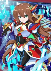  1girl amamiya_kure android armor armored_boots black_bodysuit black_gloves bodysuit boots brown_hair commentary_request commission dive_armor_iris_(mega_man) energy_sword floating_headgear gloves green_eyes hair_between_eyes headgear highres holding holding_weapon iris_(mega_man) long_hair looking_at_viewer mega_man_(series) mega_man_x_(series) mega_man_x_dive official_alternate_costume parted_lips robot_ears robot_girl sidelocks skeb_commission solo sword twitter_username very_long_hair weapon white_armor white_boots 