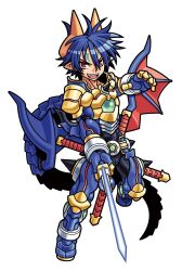  1boy armor armored_boots black_bodysuit blue_armor blue_hair blue_tail bodysuit boots dragon_boy dragon_tail dragon_wings energy_sword facial_mark fang forehead_mark gauntlets gold_armor hair_between_eyes harakawa_mitsuhiro holding holding_sword holding_weapon horns low_wings multicolored_armor muscular muscular_male official_art open_mouth pointy_ears red_eyes ryuuga_(shinrabanshou) sheath shinrabanshou short_hair solo sword tail teeth third-party_source transparent_background upper_teeth_only weapon wings 