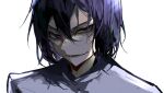 1boy absurdres bungou_stray_dogs fyodor_dostoyevsky_(bungou_stray_dogs) hair_between_eyes highres looking_at_viewer lower_teeth_only male_focus open_mouth portrait purple_hair shirt short_hair simple_background smile solo sweat sweatdrop teeth v-shaped_eyebrows violet_eyes white_background white_shirt ya_ta 