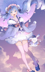  1girl 1other absurdres aqua_eyes aqua_hair aqua_kimono blue_gloves bow closed_eyes full_body fur-trimmed_kimono fur_trim gloves gradient_hair hair_bow hair_ornament hatsune_miku highres holding holding_paintbrush holding_umbrella japanese_clothes kiho-1206 kimono long_hair long_sleeves looking_at_viewer multicolored_hair official_alternate_costume official_alternate_hairstyle oil-paper_umbrella open_mouth paintbrush pink_bow pink_thighhighs rabbit rabbit_yukine snowflake_print thigh-highs twintails umbrella vocaloid wide_sleeves yuki_miku yuki_miku_(2023) zettai_ryouiki 