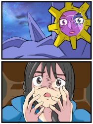  1boy 1girl aeug black_hair blue_eyes blue_hoodie breaking broken_helmet commentary_request cosplay grey_eyes gundam highres hood hoodie kamille_bidan lida_(pokemon) long_hair looking_at_viewer m_s_paragus mega_starmie mega_starmie_(cosplay) open_mouth parody pokemon pokemon_legends:_z-a scene_reference starmie zeta_gundam 