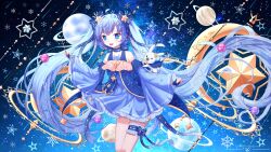  1girl absurdres ahoge aqua_hair blue_dress blue_eyes blue_ribbon blush collarbone commentary constellation_print detached_sleeves dress fingerless_gloves gloves hair_between_eyes hair_ribbon hatsune_miku highres holding holding_wand long_hair long_sleeves looking_at_viewer musical_note musical_note_print musical_staff musical_staff_print official_alternate_costume official_alternate_hairstyle open_mouth rabbit rabbit_yukine ribbon smile star_(symbol) twintails very_long_hair viclim-monou vocaloid wand wide_sleeves yuki_miku yuki_miku_(2017) 