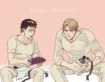  2boys aged_down alternate_facial_hair birthday black_hair blonde_hair book cheekbones feet_out_of_frame gift happy_birthday holding holding_book maino_merry male_focus matching_outfits mike_zakarius multiple_boys nile_dok shingeki_no_kyojin short_hair sideburns_stubble sitting spread_legs 