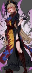  1girl absurdres black_boots black_dress black_gloves blonde_hair boots chayo_bababa chinese_clothes commentary_request crescent crescent_print dalachi_(headdress) double-parted_bangs dress energy garter_belt gloves grey_background half_gloves hand_up highres junko_(touhou) knee_boots lace-up_boots long_hair looking_at_viewer open_mouth phoenix_print red_eyes red_tabard skindentation solo standing tabard touhou triangle_mouth wide_sleeves 