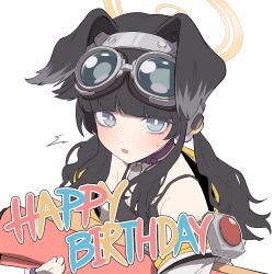  1girl animal_collar animal_ears aqua_eyes backscratcher777 black_camisole black_hair blue_archive blue_eyes bright_pupils camisole carrying carrying_under_arm collar commentary dog_ears dog_girl english_text floppy_ears goggles goggles_on_head gradient_eyes halo happy_birthday hibiki_(blue_archive) highres jacket jacket_partially_removed looking_at_viewer low_twintails multicolored_eyes open_mouth purple_collar red_button self-destruct_button simple_background solo twintails two-tone_eyes white_background white_jacket white_pupils yellow_halo 