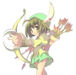  1girl ahoge archer_(eco) arm_guards armor arrow_(projectile) bow_(weapon) emil_chronicle_online green_armor green_eyes green_hair green_hat green_shirt green_skirt hanehane_kiro hat hat_feather holding holding_bow_(weapon) holding_weapon official_art open_mouth pleated_skirt quiver shirt skirt socks solo weapon white_background white_socks 