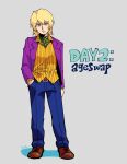  1boy aged_up alternate_costume belt blonde_hair blue_pants brown_footwear closed_mouth commentary english_commentary english_text full_body grey_background hanazawa_teruki hand_in_pocket highres jacket kyokyeo long_sleeves looking_at_viewer male_focus mob_psycho_100 orange_shirt pants purple_jacket shirt shoes short_hair simple_background solo standing striped striped_shirt suit_jacket vertical-striped_shirt vertical_stripes 