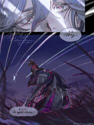  1boy ashveil_(honkai:_star_rail) black_hair bright_pupils chain clenched_hand commentary cutoffs eyelashes fedora ghost_to_human gloves grass grey_eyes hair_between_eyes hair_ornament hat highres honkai:_star_rail honkai_(series) jacket jewelry kneeling male_focus pants purple_sky ring shooting_star single_glove sky speech_bubble 