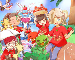  2boys 2girls :t ;q alternate_costume arven_(pokemon) berry_(pokemon) bird black_hair blue_eyes blue_hair blue_pants blue_sky bombirdier bramblin brown_eyes brown_hair bush closed_eyes closed_mouth clouds commentary_request day eating eyelashes fangs florian_(pokemon) flying food food_on_face food_on_head glasses green_hair grey_eyes hair_over_one_eye hands_on_own_hips headphones headphones_around_neck highres holding holding_above_head holding_food holding_poke_ball leafeon long_hair multicolored_hair multiple_boys multiple_girls multiple_heads nemona_(pokemon) object_on_head on_shoulder one_eye_closed open_mouth orange_eyes outdoors palafin palafin_(hero) pants pawmi poke_ball poke_ball_(basic) pokemon pokemon_(creature) pokemon_on_shoulder pokemon_sv ponytail red_hair red_shirt round_eyewear samsung_(yuzuikka) scovillain shirt short_hair sitting sky smile standing t-shirt tamato_berry tomato tongue tongue_out tree two-tone_hair 