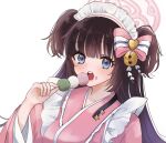  1girl bell black_hair blue_archive blue_eyes blunt_bangs blurry bow commentary_request dango depth_of_field food food_on_face hair_bell hair_bow hair_ornament halo hand_up holding holding_food japanese_clothes kimono long_hair long_sleeves looking_at_viewer maid_headdress open_mouth pink_bow pink_halo pink_kimono ririnono_(sakuraba77) shizuko_(blue_archive) simple_background solo teeth two_side_up upper_teeth_only wagashi white_background wide_sleeves 