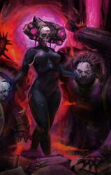  1girl adeptus_astartes armor artificial_eye assassin aura backpack bag belt black_bodysuit blood blood_on_face bodysuit breastplate breasts chaos_space_marine commentary culexus_assassin english_commentary facial_mark hand_on_another's_face helmet highres kneeling large_breasts mask mechanical_eyes metal_gloves officio_assassinorum open_mouth power_armor purple_background red_background shoulder_armor single_mechanical_eye skin_tight skull skull_mask spiked_helmet utility_belt violet_eyes vodkasonart warhammer_40k wide_hips world_eaters 