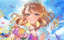  1girl absurdres aikatsu! aikatsu!_(series) bouquet card clouds commentary_request confetti earrings floating_hair flower hair_flower hair_ornament highres holding holding_bouquet jewelry korean_commentary long_hair looking_at_viewer necklace orange_hair ozora_akari pink_flower pink_rose purple_flower purple_rose red_eyes red_flower red_ribbon red_rose ribbon rose sky smile solo tearing_up upper_body white_flower white_rose yanagi_ken yellow_flower yellow_rose 