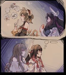  ... 2girls arm_ribbon bare_shoulders black_collar black_hair black_sleeves blue_eyes bonnet bow bowtie braid braided_bun bread breasts brown_hair bun_with_braided_base closed_eyes closed_mouth coat collar columbina_(genshin_impact) commentary cookie cup detached_collar detached_sleeves dress eni_(enidaisy69) eye_mask fatui_coat food fur-trimmed_coat fur-trimmed_hood fur_hood fur_trim genshin_impact gloves hair_bun hair_ornament hair_ribbon hair_undone head_wings headdress highres hood imagining long_hair long_sidelocks long_sleeves mask mora_(genshin_impact) multicolored_hair multiple_girls multiple_wings nightgown open_mouth paper purple_hair purple_streaks ribbon sandrone_(genshin_impact) see-through_clothes see-through_mask short_hair short_hair_with_long_locks sidelocks smile speech_bubble squeans streaked_hair tea teacup thought_bubble two-tone_hair untranslatable_commentary upper_body very_long_hair white_coat white_dress white_headdress white_mask white_wings winding_key wing_hair_ornament wings winter_clothes winter_coat wrist_bow x-shaped_eyewear 