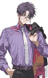  1boy belt black-framed_eyewear black_jacket black_pants closed_mouth collared_shirt corbeau_(pokemon) eyewear_strap glasses hand_in_pocket highres jacket jacket_over_shoulder kitsune_(ly_howe) long_sleeves looking_at_viewer male_focus necktie pants parted_hair pokemon pokemon_legends:_z-a purple_belt purple_hair purple_shirt round_eyewear shirt short_hair short_sideburns sideburns simple_background solo undercut unworn_jacket white_necktie yellow_eyes 