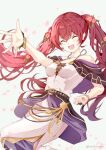  1girl alternate_costume atoatto bare_shoulders blush breasts bridal_gauntlets closed_eyes commentary_request commission cosplay fire_emblem fire_emblem_awakening fire_emblem_heroes floating_hair flower hair_between_eyes hair_flower hair_ornament long_hair medium_breasts open_mouth petals red_flower redhead robin_(female)_(fire_emblem) robin_(female)_(fire_emblem)_(cosplay) robin_(female)_(valentine)_(fire_emblem) robin_(fire_emblem) severa_(fire_emblem) simple_background skeb_commission smile solo twintails twitter_username very_long_hair white_background 