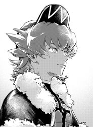  1boy baseball_cap cape closed_mouth fiz_breakfast fur-trimmed_cape fur_trim greyscale hat highres leon_(pokemon) looking_up male_focus medium_hair monochrome pokemon pokemon_swsh portrait shirt simple_background solo upper_body white_background 