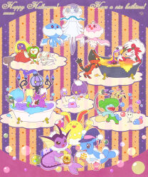  alternate_color aromatisse azumarill bath bathing bathtub bottle brionne bubble bubble_bath candy chandelure cinccino claw_foot_bathtub closed_eyes closed_mouth commentary_request dartrix dated ditto drifblim drifloon english_text food furfrou furfrou_(dandy) hair_dryer happy_halloween hat highres holding holding_bottle in_bathtub jellicent jellicent_(female) jellicent_(male) jynx lollipop lombre lycanroc lycanroc_(midnight) mimikyu morelull nihilego one_eye_closed open_mouth poke_puff pokemon pokemon_(creature) pokemon_focus pouring purple_hat pyukumuku samsung_(yuzuikka) shiny_pokemon signature smile soap_bubbles swirl_lollipop torracat towel vaporeon witch_hat 
